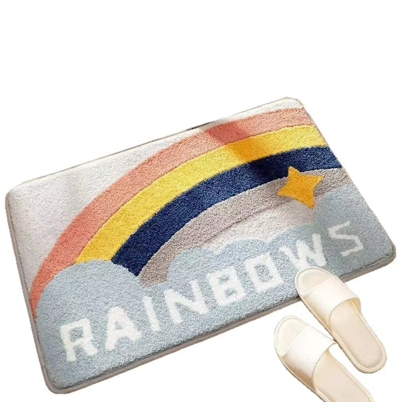 Rectangular rainbow print floor mat with sky sea colours and plastic dirt-resistant bottom