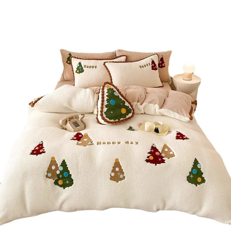 Bright yellow Christmas bedding four-piece set with cartoon animation pattern on milk fibre fabric