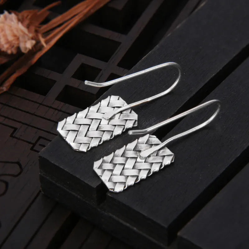 Silver geometric diamond plaid earrings with woven pattern design measuring 17.5mm