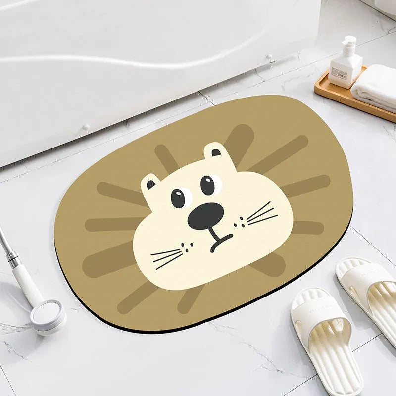 Cartoon animal diatomite bathroom mat in alien shape on tiled floor.