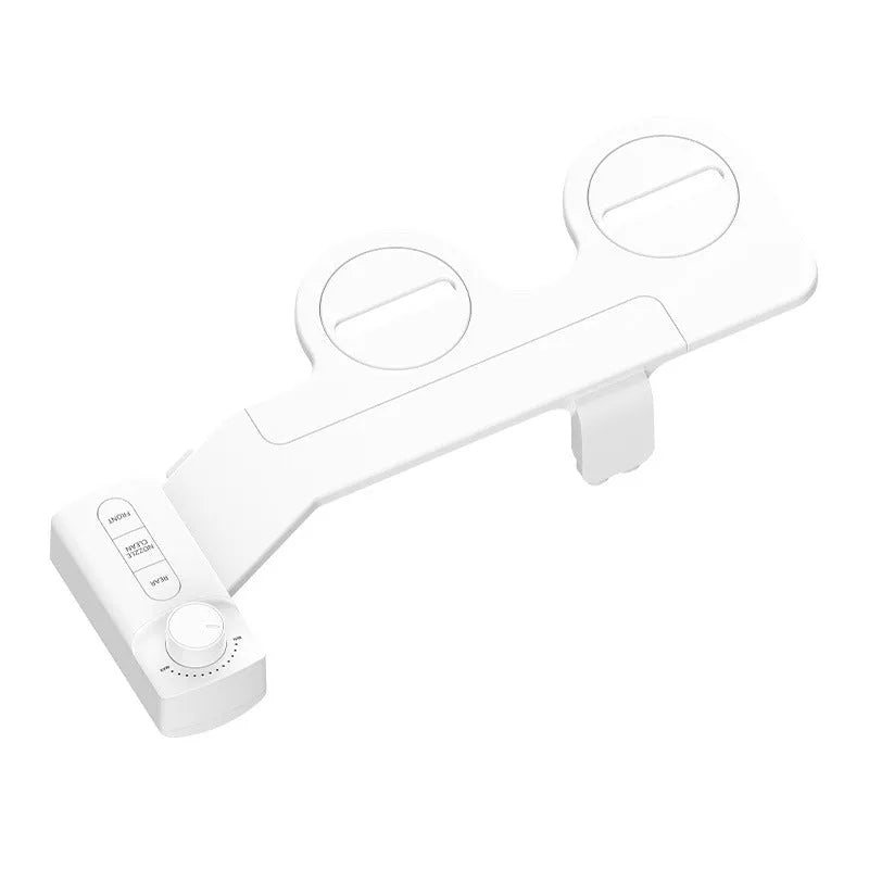 Pure white button-operated wash tool with detachable nozzle and multiple plumbing fittings