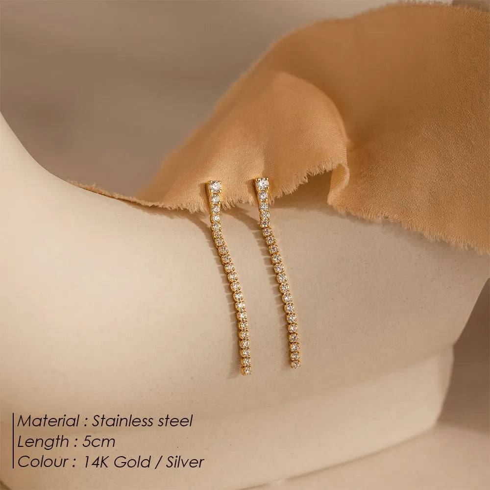 Geometric zircon earrings with linear Chinese design in stainless steel, gold and steel colour options