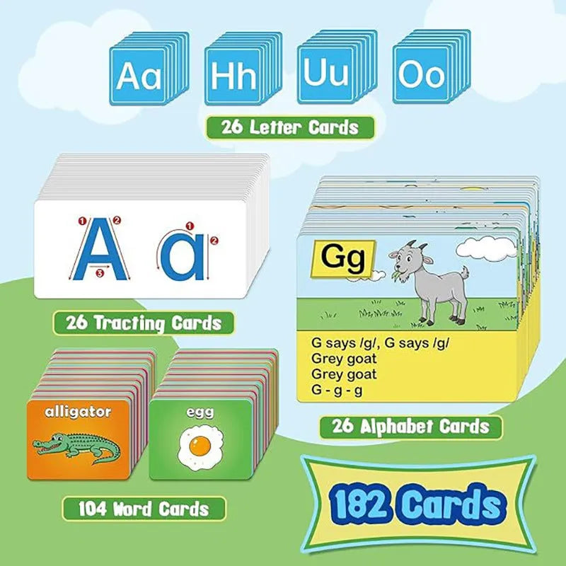 Alphabet learning chart with word cards, letter cards, and picture cards laid out for educational play.