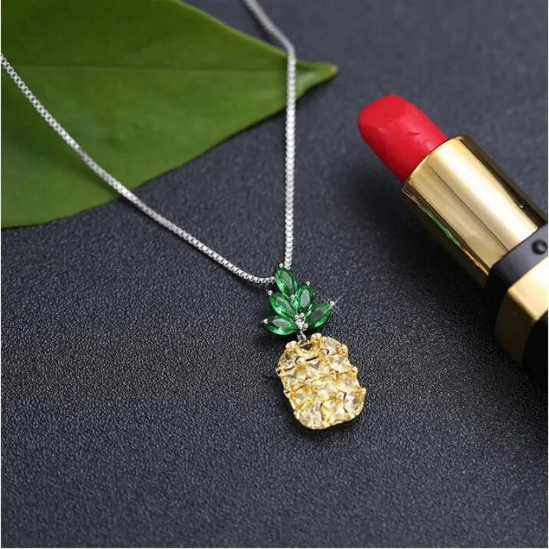 Women's geometric pineapple necklace with silver and white gold plating
