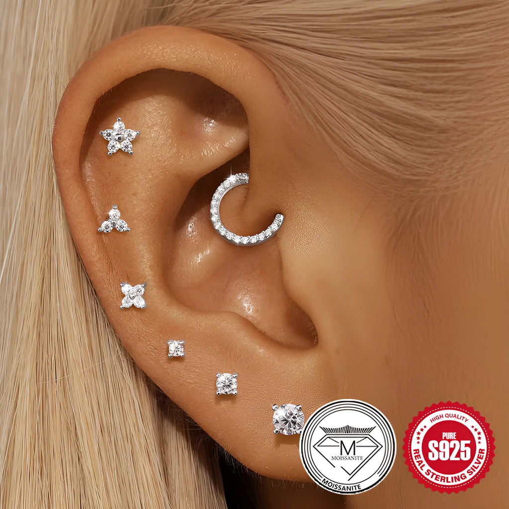 A pair of S925 sterling silver geometric petal stud earrings with a platinum finish, shown in a clip-on style.