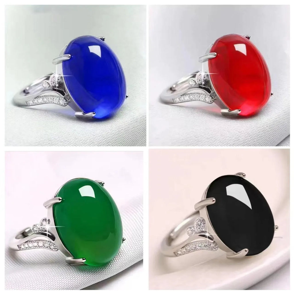 Adjustable geometric ethnic-style alloy ring with a natural sapphire, shown in multiple colour options.