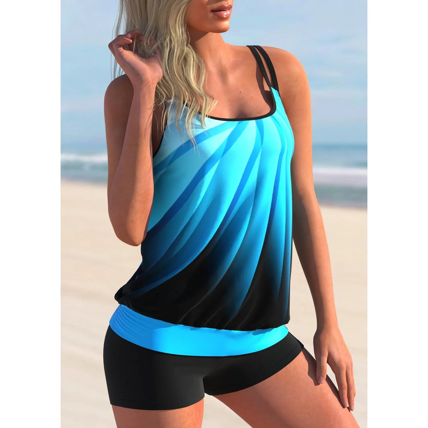 Plus size women's swimsuit set with butterfly print strappy top and matching blue beach shorts.