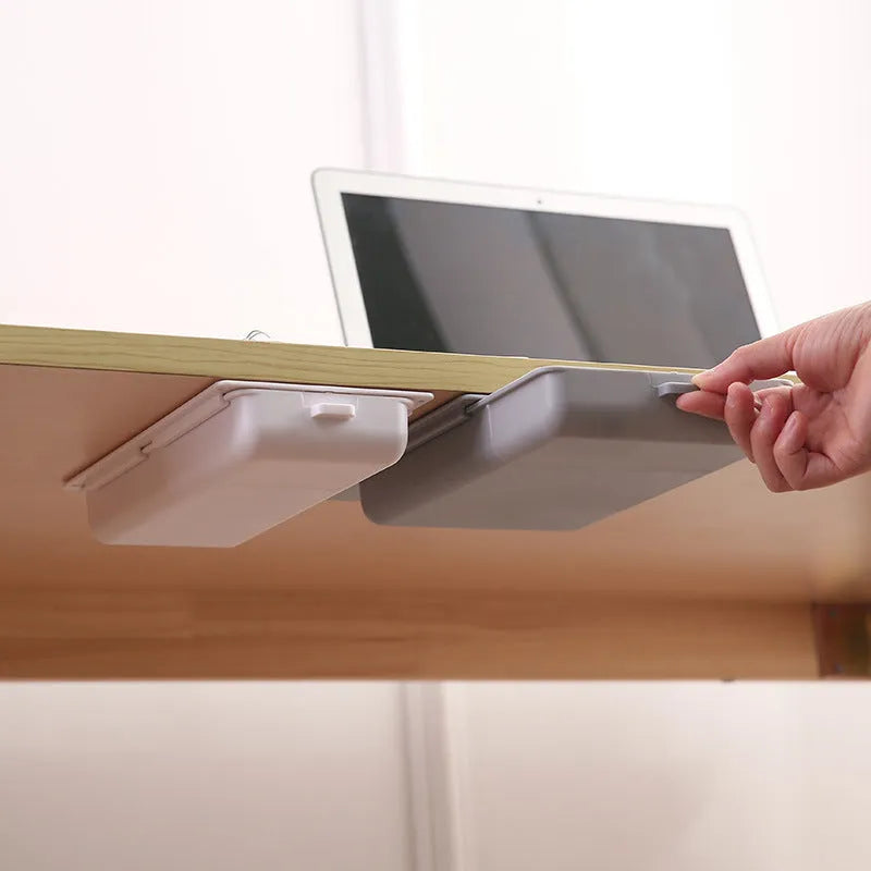 Adhesive-mounted plastic storage drawer with covered design and internal grid compartments