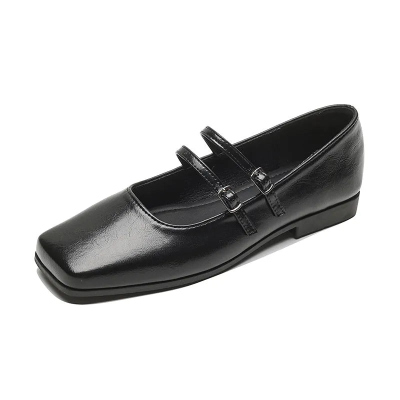 Women's silver genuine leather Mary Jane shoes with a cross buckle strap and low flat heel.