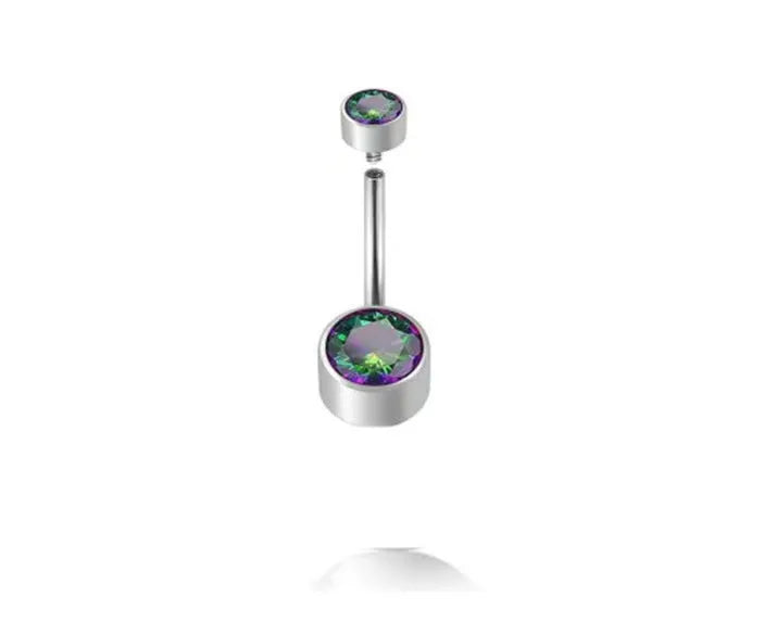Double-headed zircon titanium alloy navel stud in various colours on a white background.