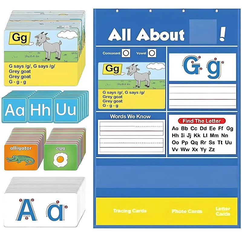 Alphabet learning chart with word cards, letter cards, and picture cards laid out for educational play.