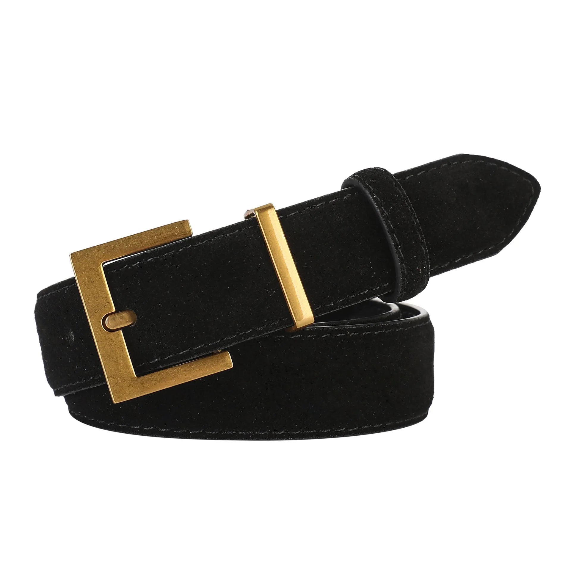 Ladies' black leather belt with alloy pin buckle showing punching texture detail