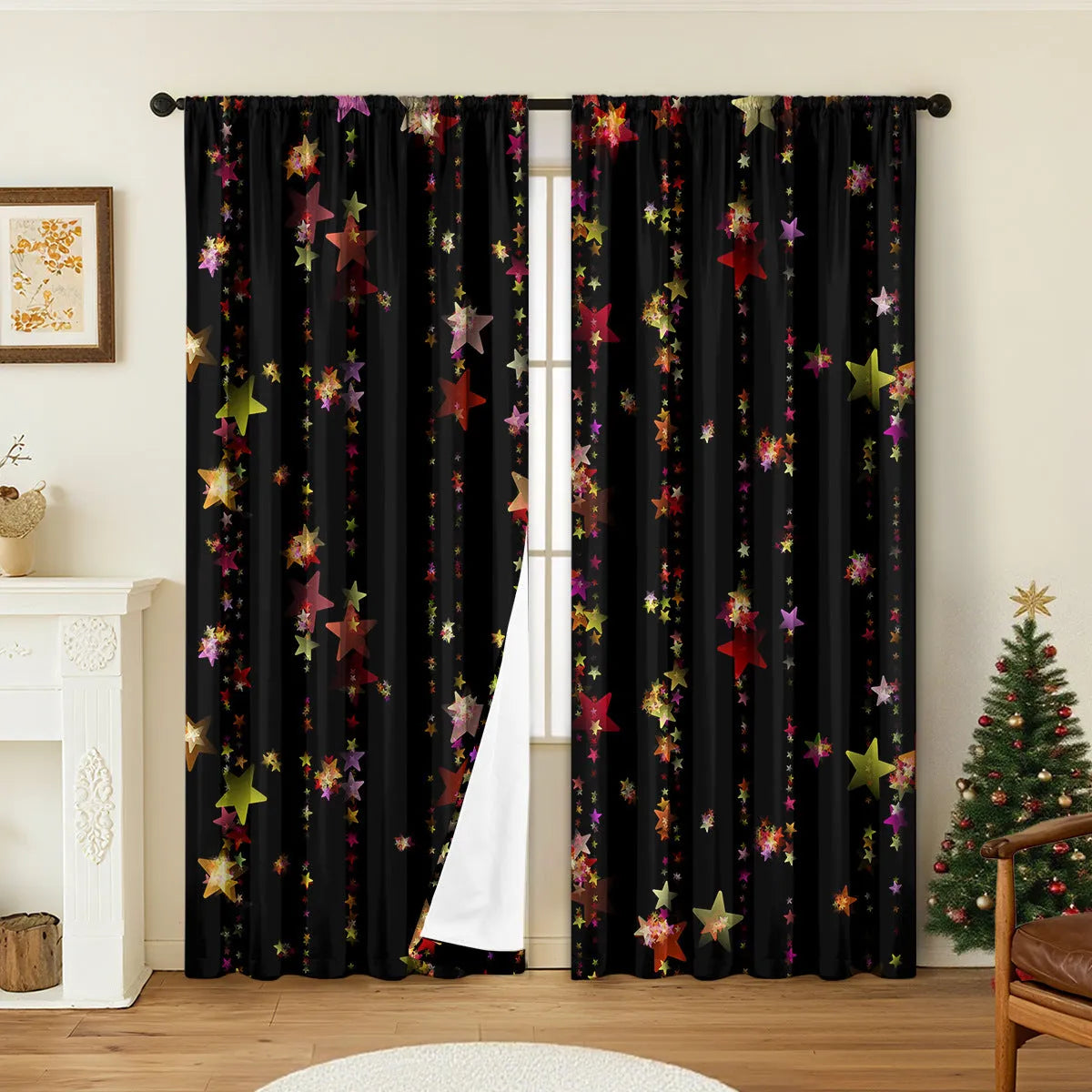 Pair of red and green Christmas theme digitally printed polyester curtains hanging on a window.