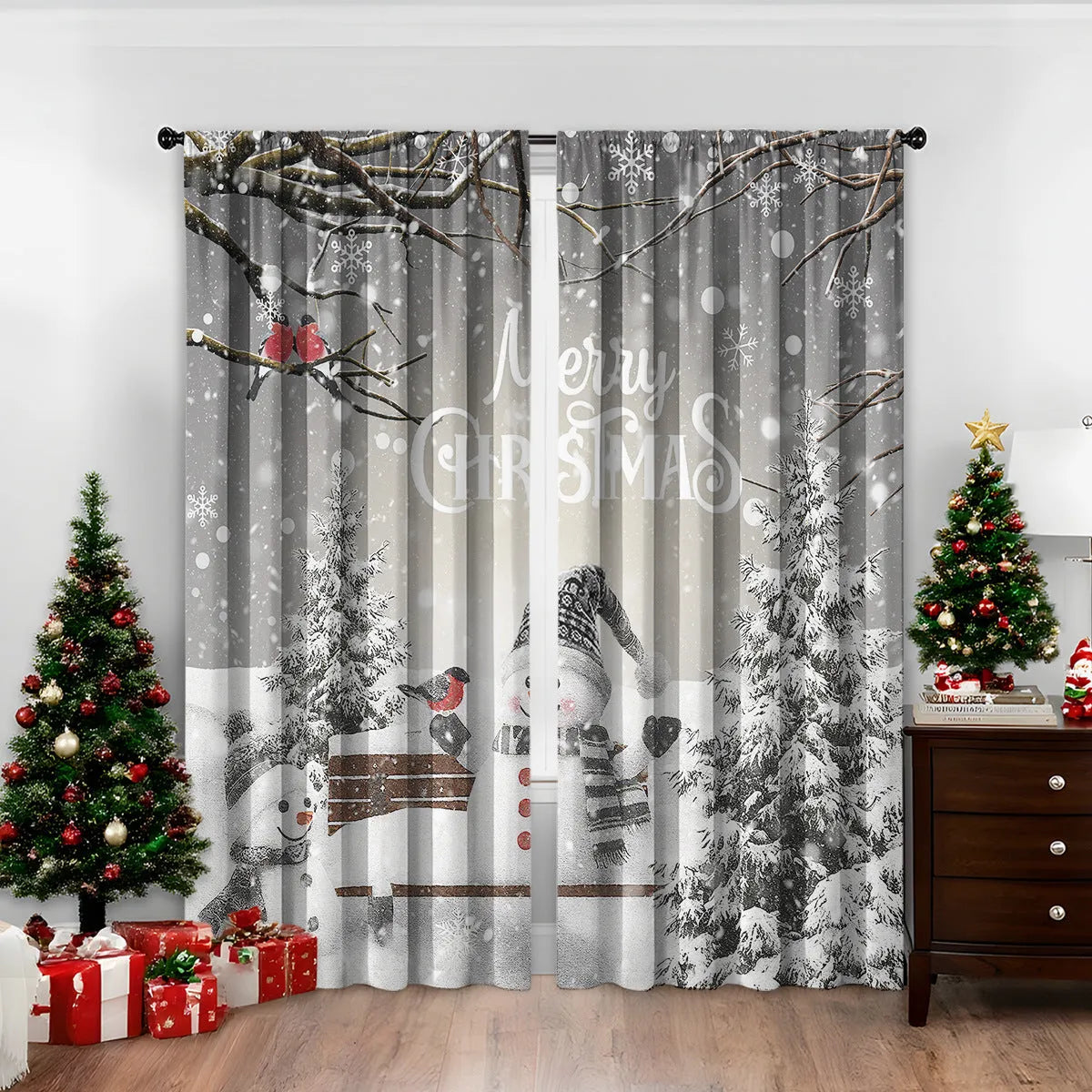 3D digital printed modern Christmas curtain hanging on a window