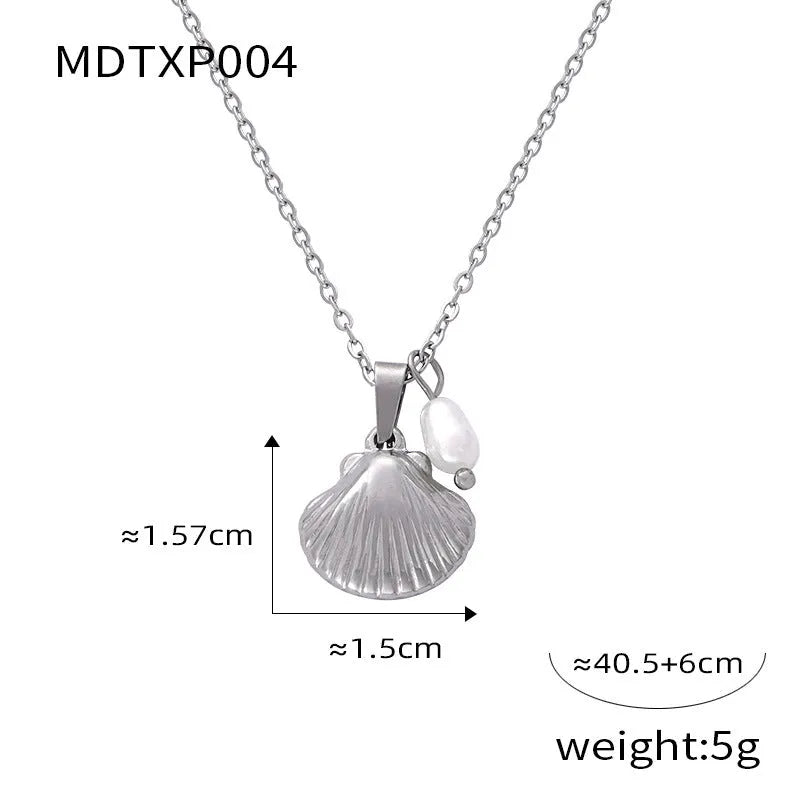 French vintage shell necklace with freshwater pearl bead pendant on titanium steel chain
