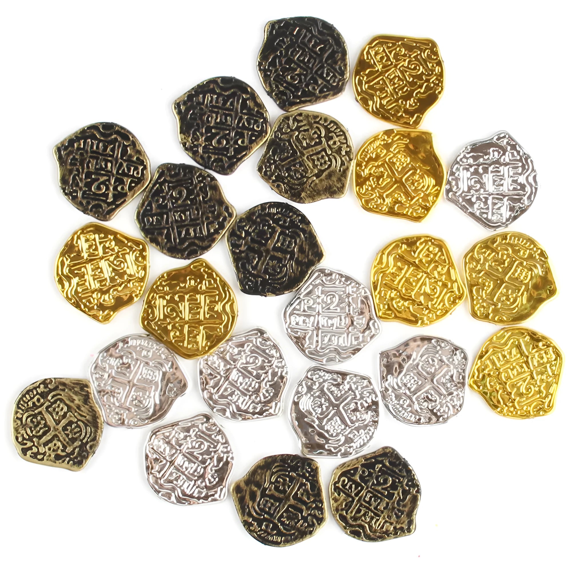 Three piles of plastic Roman coins replica in bronze, gold and silver finishes for pirate treasure decoration