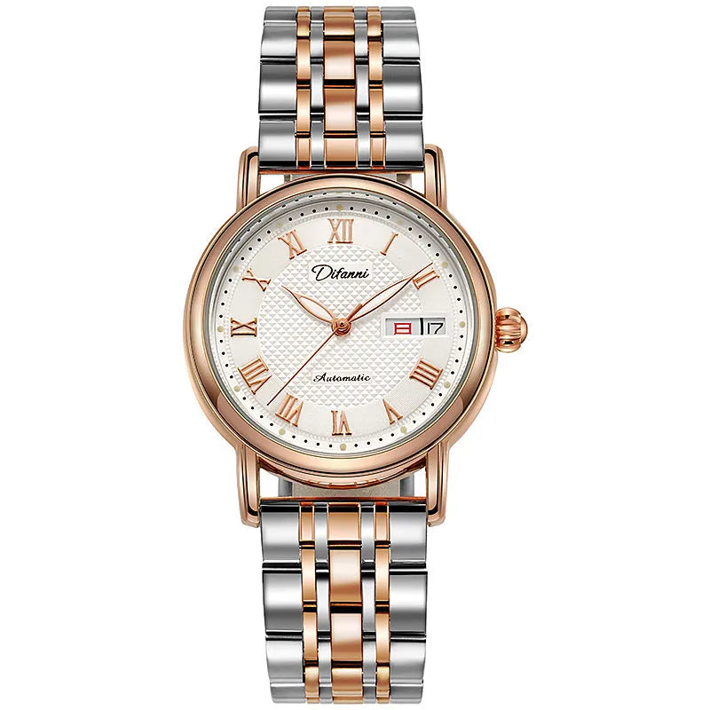Women's automatic mechanical watch with choice of stainless steel or leather strap, 12mm thickness
