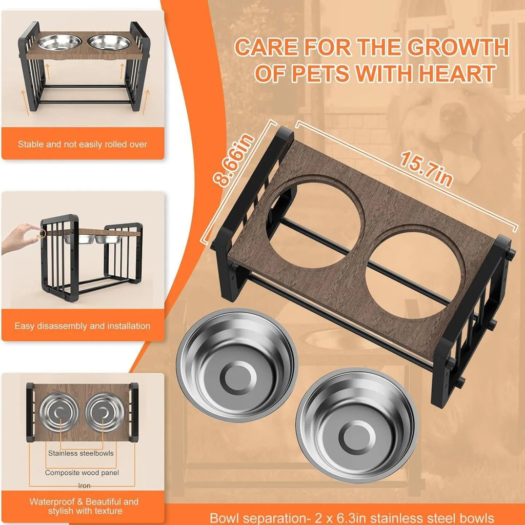 Black wooden dog bowl stand with adjustable metal bracket and non-slip grips