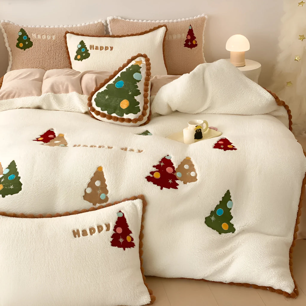 Bright yellow Christmas bedding four-piece set with cartoon animation pattern on milk fibre fabric