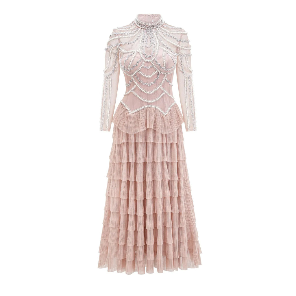 Women's black polyester beaded long sleeve formal dress with mid-waist design