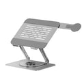 Silver carbon steel laptop stand with rotating base and integrated magnetic side phone holder.