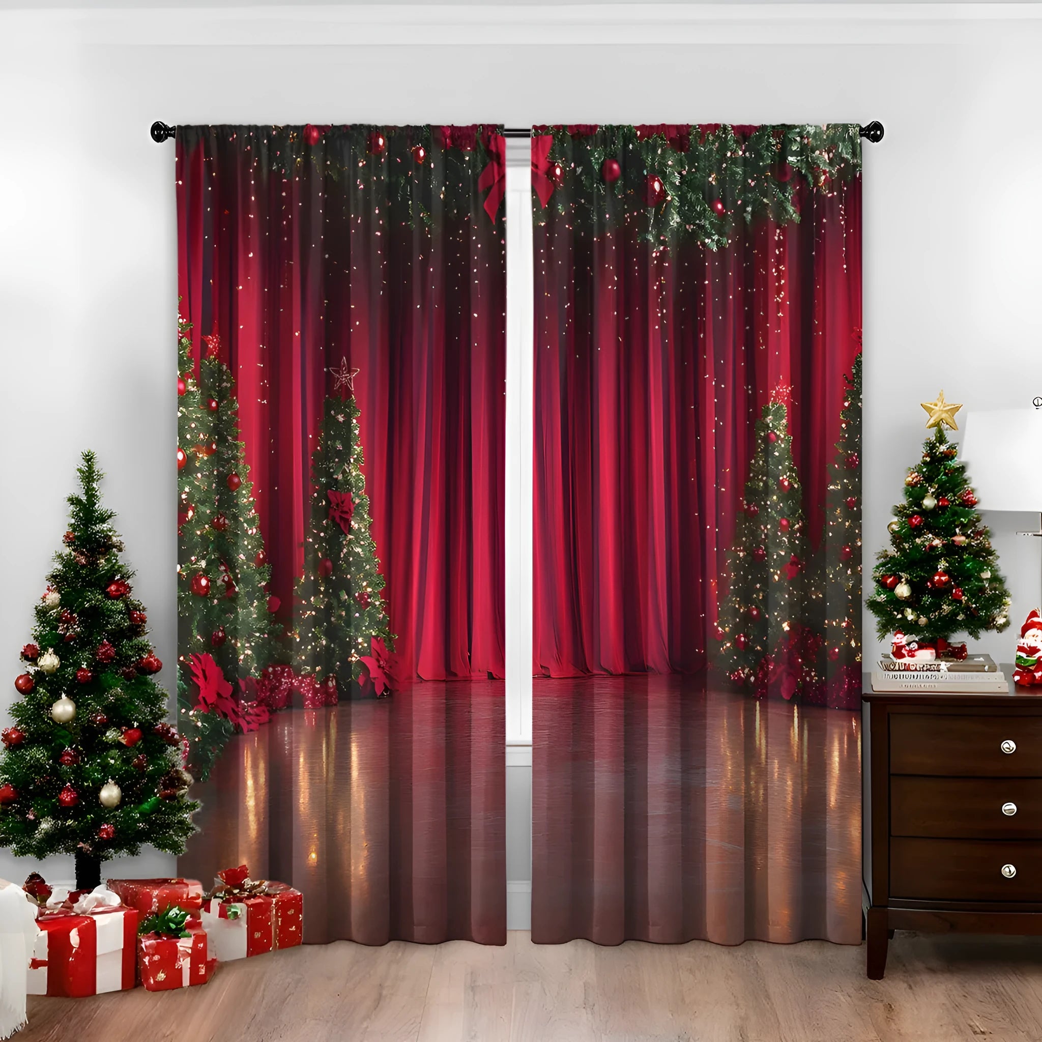 Pair of red and green Christmas theme digitally printed polyester curtains hanging on a window.