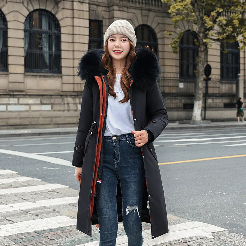Women's long white cotton-padded trench coat with 100cm length and down cotton filler