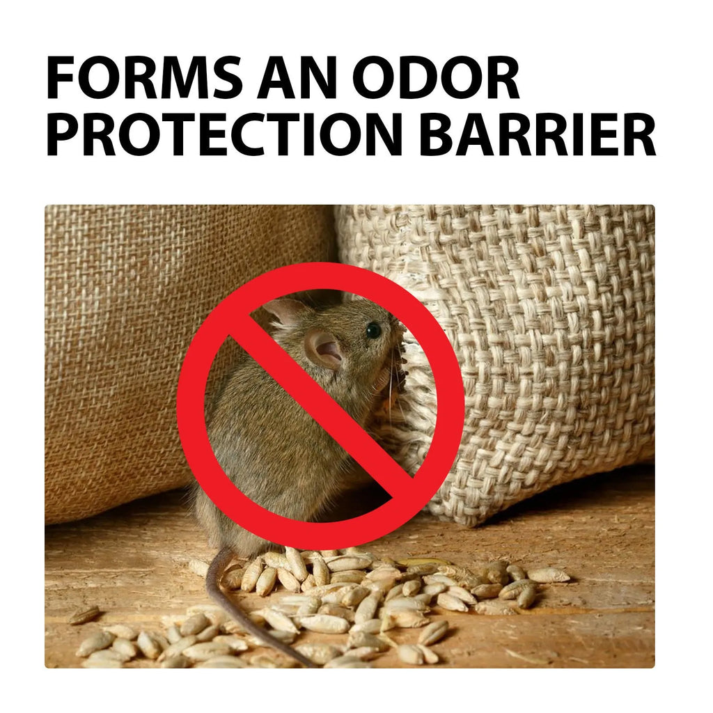 60ml bottle of natural rat repellent spray with ingredients including clove oil and peppermint oil.