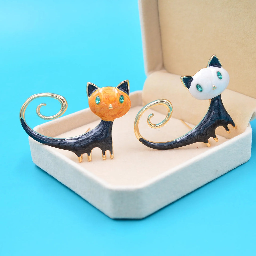 Personalised painted tailing up kitty brooch in alloy metal, orange and white colour options