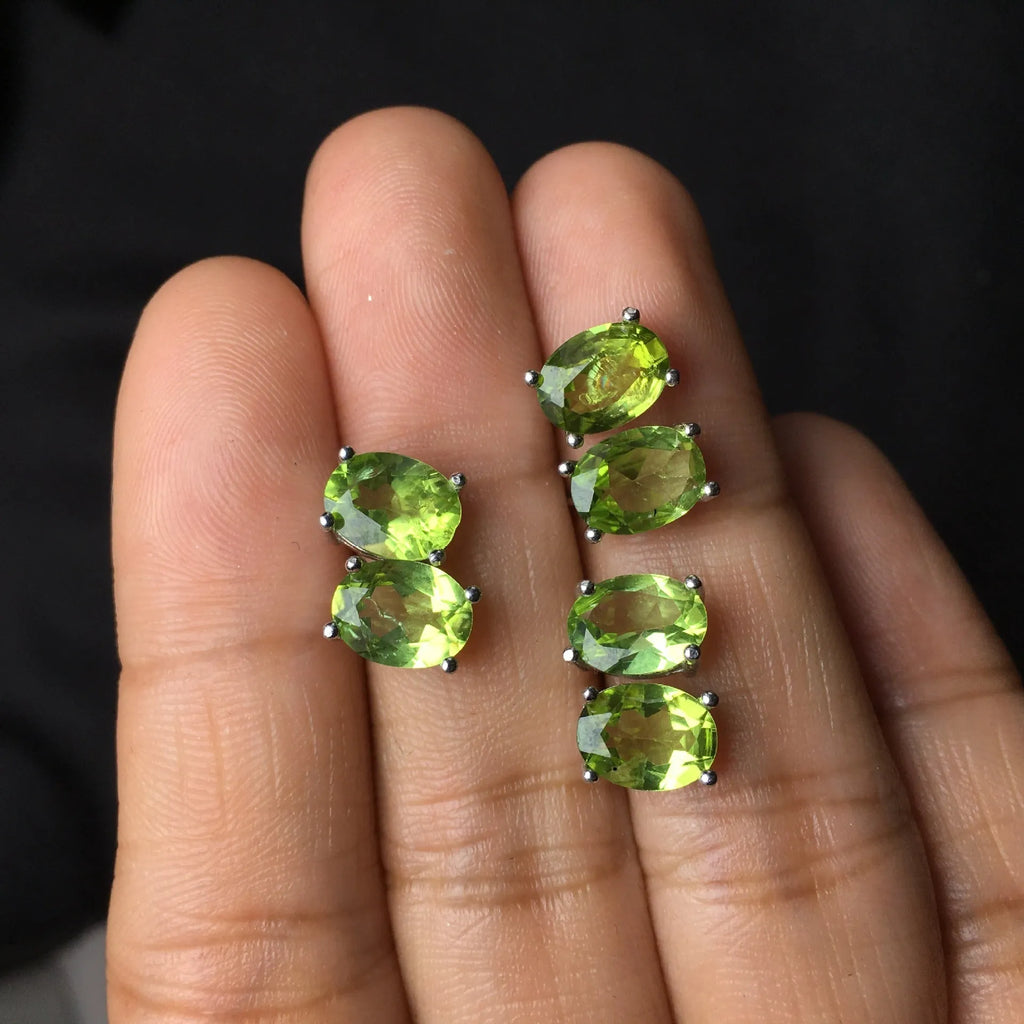 Natural grass green olivine stud earrings in S925 sterling silver with 6x8mm oval stone
