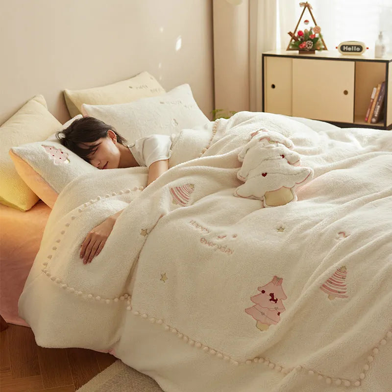 Milk fibre bedding set with Christmas tree pattern in green or pink design for UK bed sizes