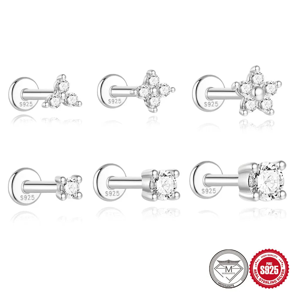 A pair of S925 sterling silver geometric petal stud earrings with a platinum finish, shown in a clip-on style.