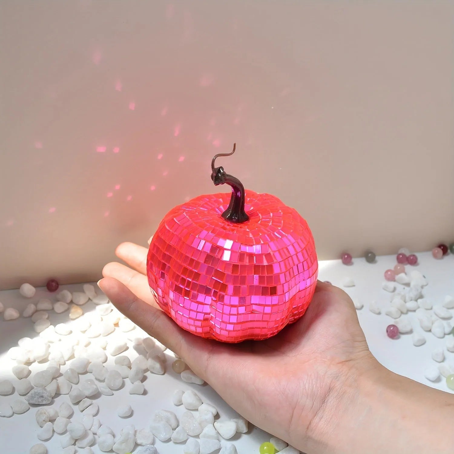 A Chinese-style glass pumpkin ornament with a mirror finish, shown in one of five available sizes.