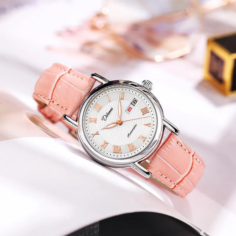 Women's automatic mechanical watch with choice of stainless steel or leather strap, 12mm thickness