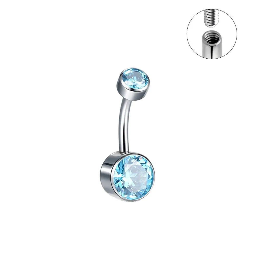 Double-headed zircon titanium alloy navel stud in various colours on a white background.