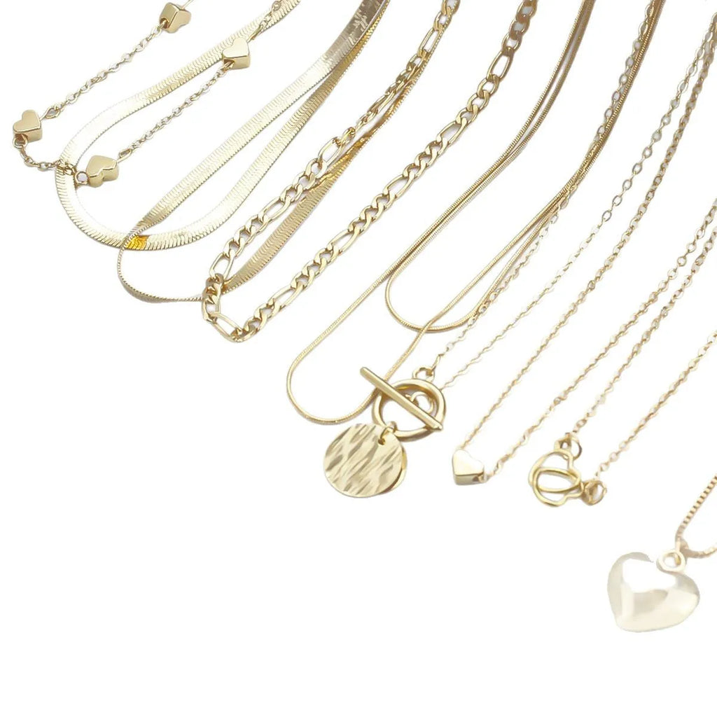 Women's gold electroplated necklace set with ten alloy pendants on adjustable snake bones chain