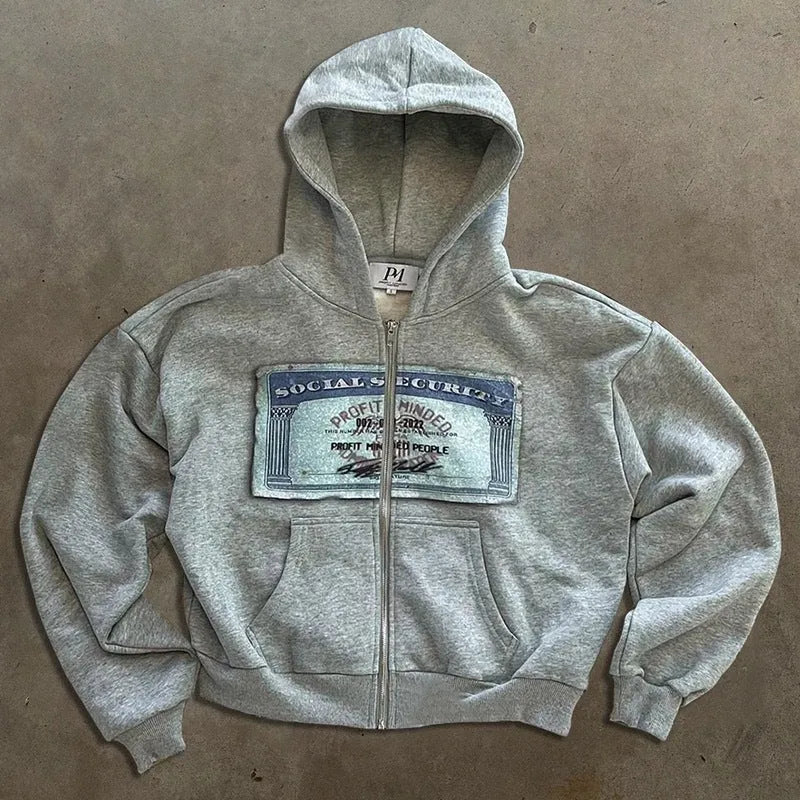 A loose fit black hoodie jacket with a front zipper, pockets, and a white letter print design.