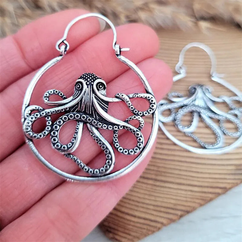 Vintage antique silver octopus earrings with zinc alloy construction and electroplated finish