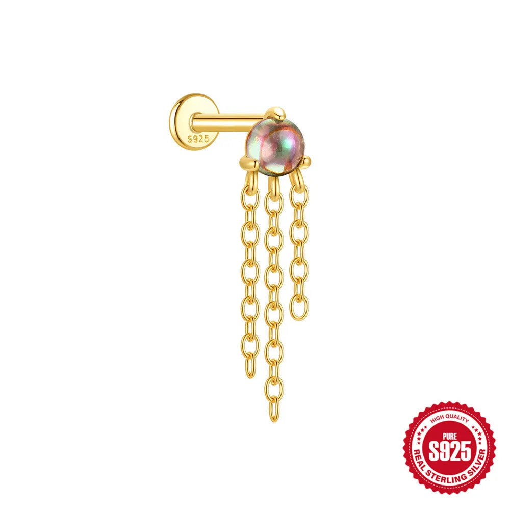 S925 sterling silver flat head thread piercing earring with rainbow stone in geometric design