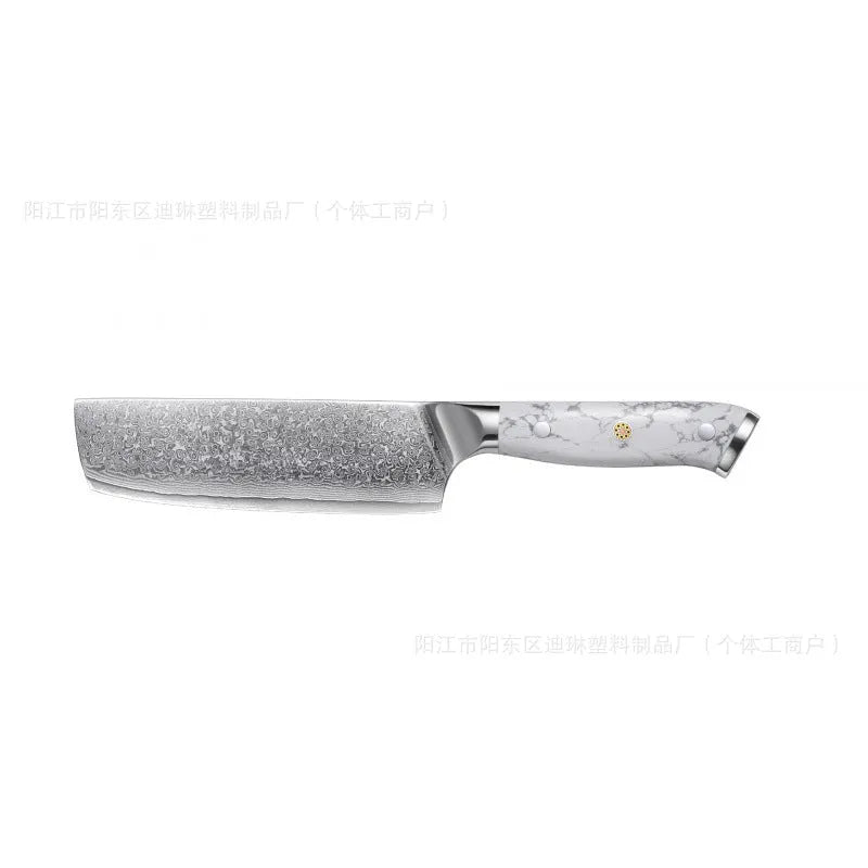 Damascus pattern chef knife with VG10 steel blade measuring 21cm, shown on a kitchen counter.