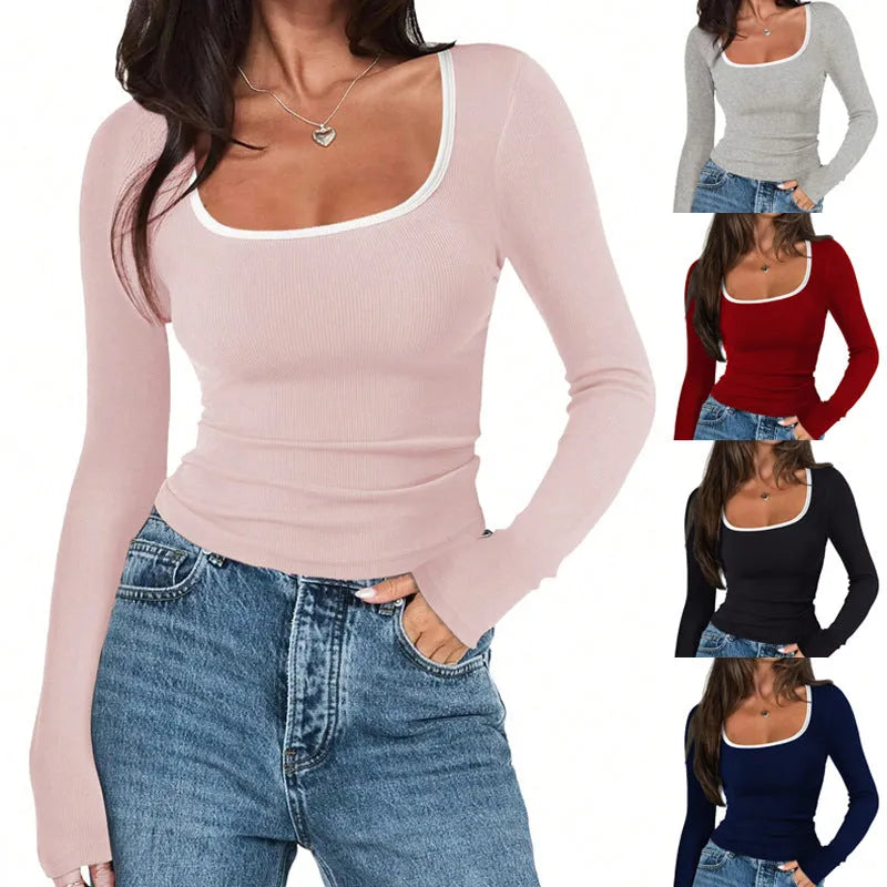 Women's slim fit cotton pullover with square collar in solid colour options.