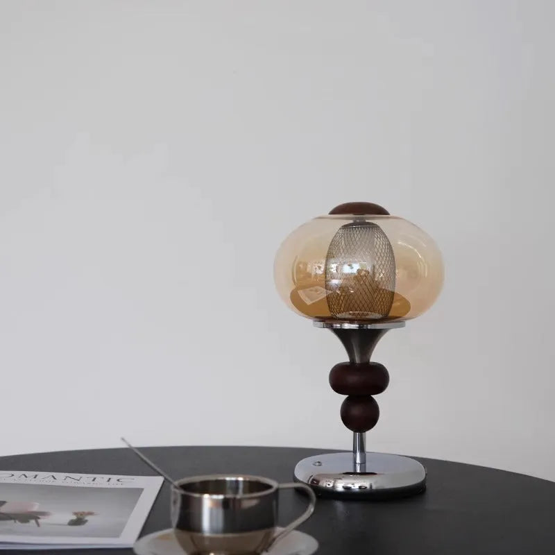 Solid wood retro style table lamp with touch controls for three-colour dimming lighting
