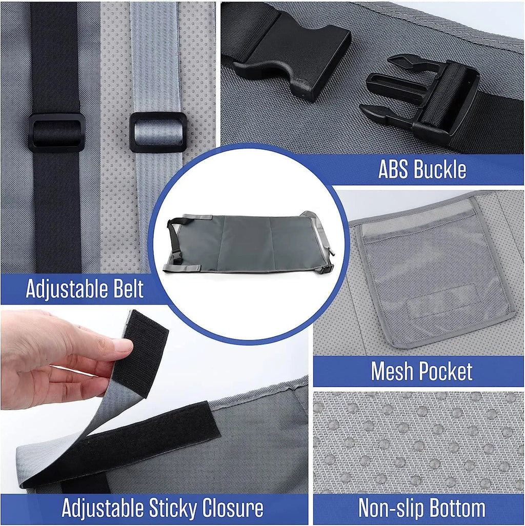 Portable blue nylon children's aircraft pedal seat extender with extension device