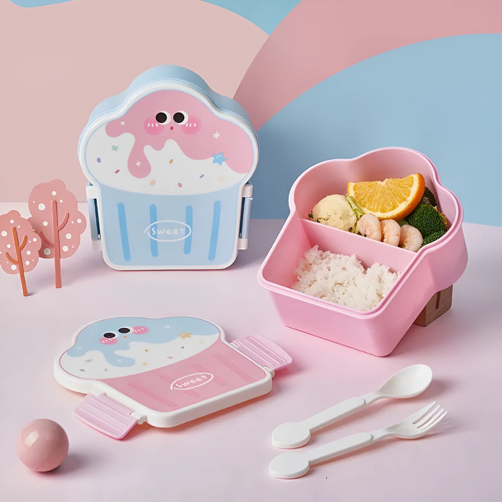 Creative ice cream shaped plastic lunch box with bento compartments in pink and blue colours with included utensils