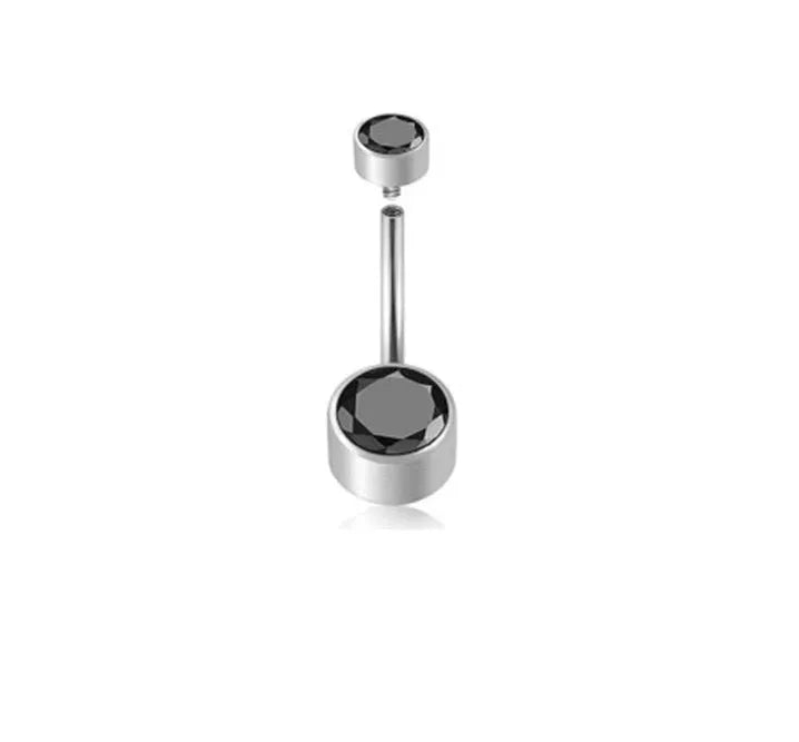 Double-headed zircon titanium alloy navel stud in various colours on a white background.