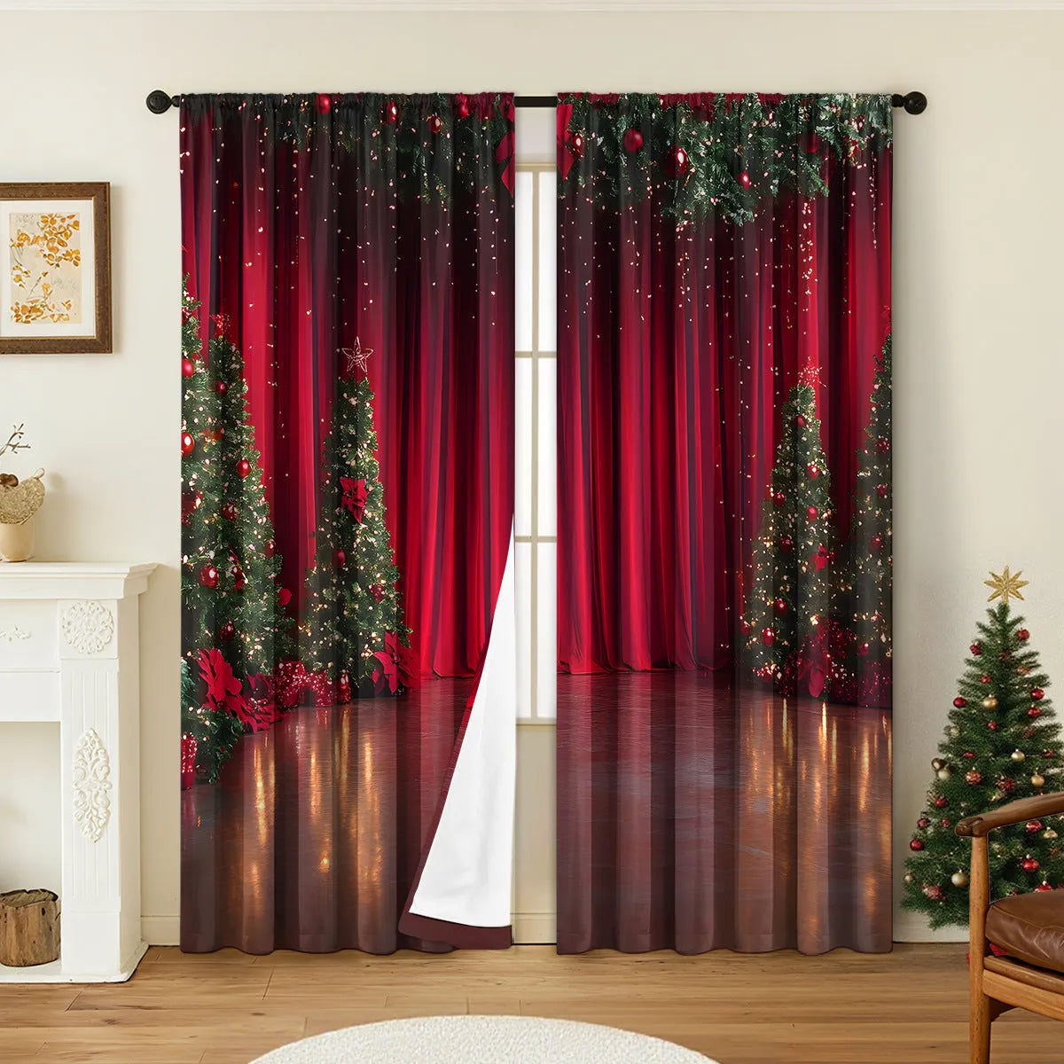 Pair of red and green Christmas theme digitally printed polyester curtains hanging on a window.