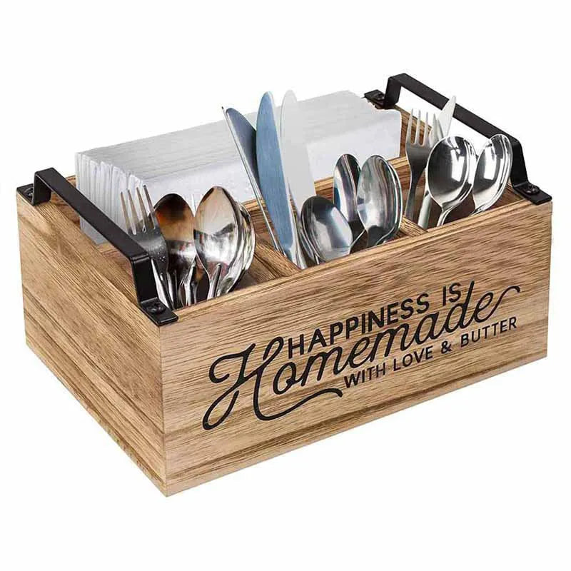 Modern minimalist wooden box with grid dividers for organising kitchen utensils.