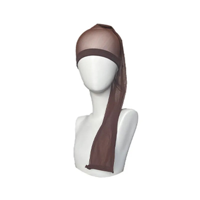 Breathable spandex mesh wig cap shown in multiple colour options including black, brown, leopard, and pastels.