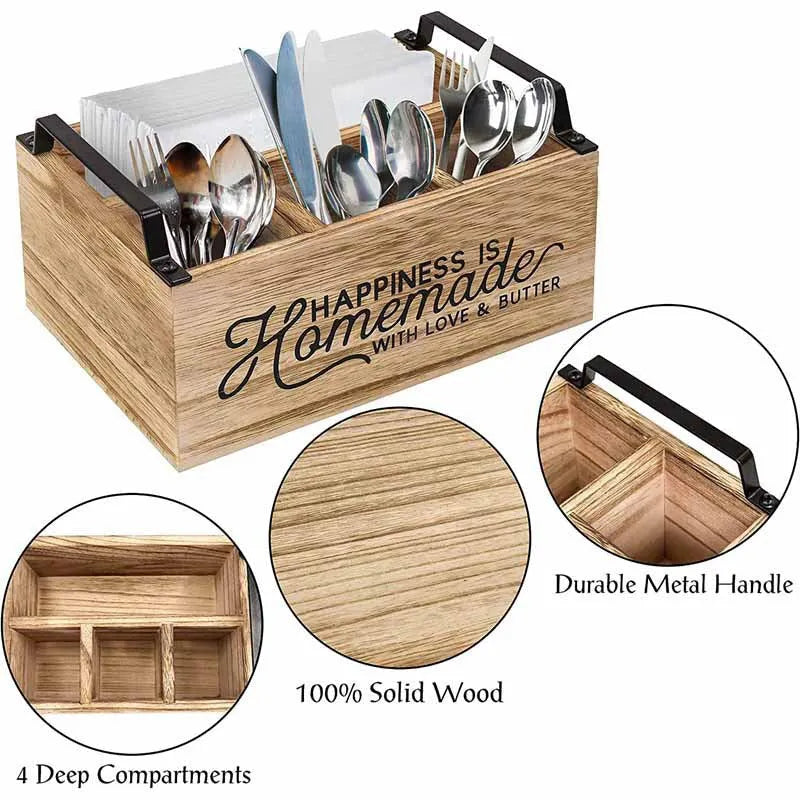 Modern minimalist wooden box with grid dividers for organising kitchen utensils.
