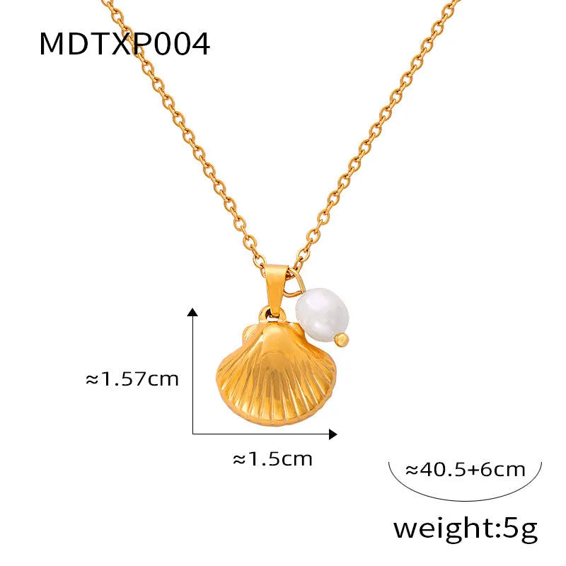 French vintage shell necklace with freshwater pearl bead pendant on titanium steel chain